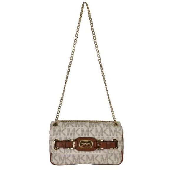 Michael Kors Hamilton Flap Vanilla Monogram Tan Leather Gold Chain Shoulder Bag - Picture 13 of 16